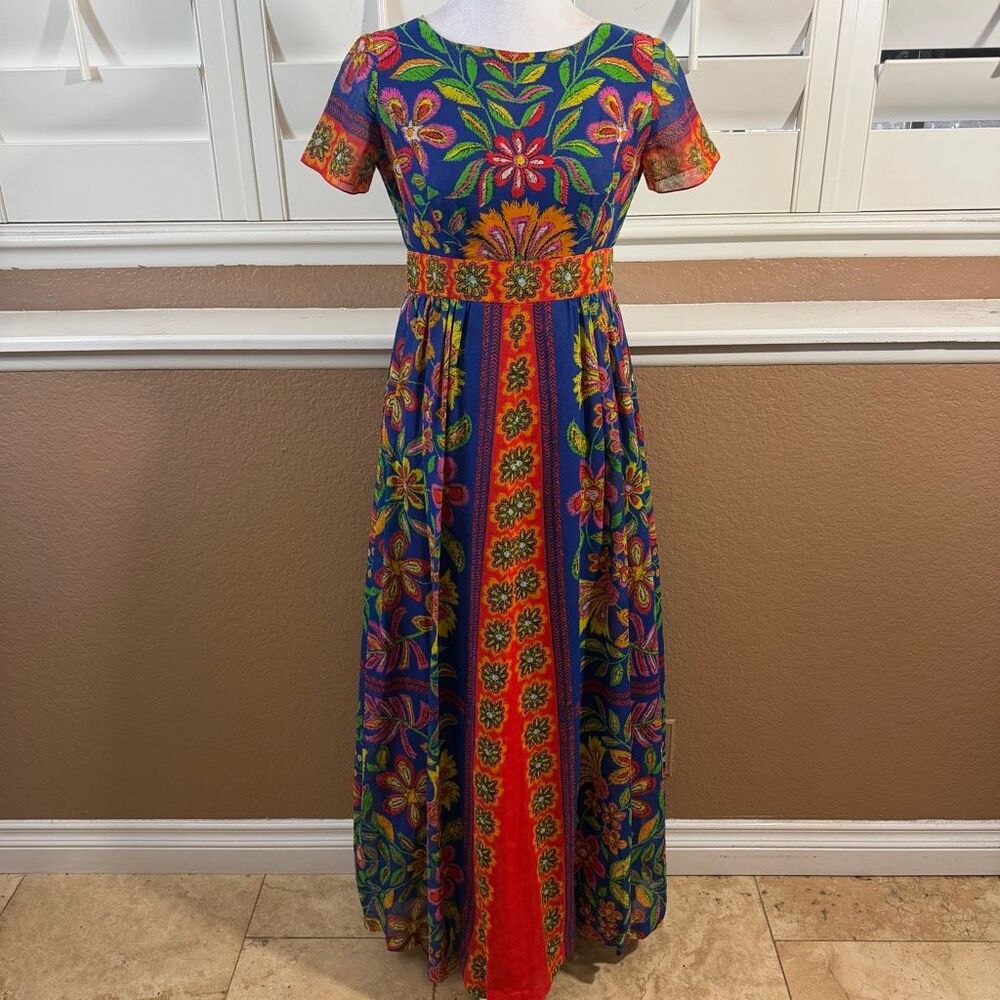 Vintage Boho Acid Floral Maxi Dress Mod Fashion Cottagecore Dopamine Bold Sz S